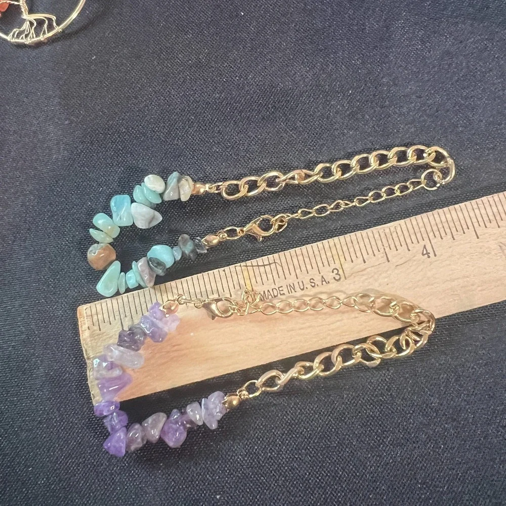 Set Of‎ 2 Chip Stone Bracelets Green Purple Gold Boho Style Color Pop Fun Y2K